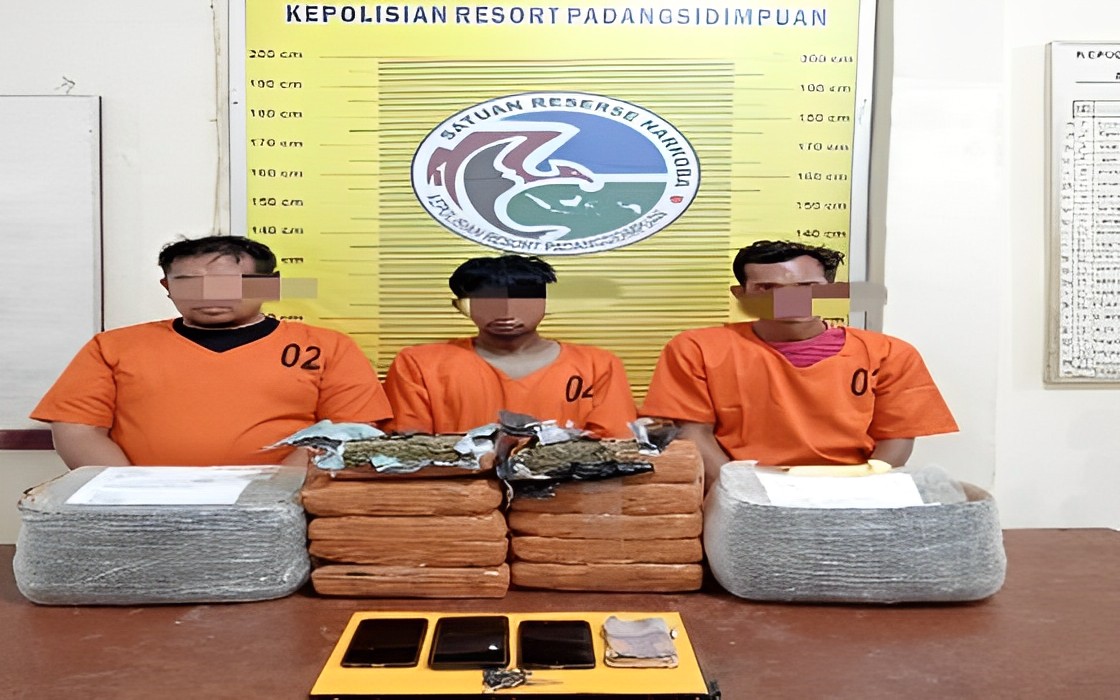 Operasi penangkapan tersangka narkotika di Padangsidimpuan berhasil mengamankan 10.000 gram ganja, uang tunai Rp 20.000, 3 unit handphone, dan 1 unit becak motor tanpa TNKB. Ketiga tersangka telah dibawa ke Polres Padangsidimpuan untuk pemeriksaan lebih lanjut.