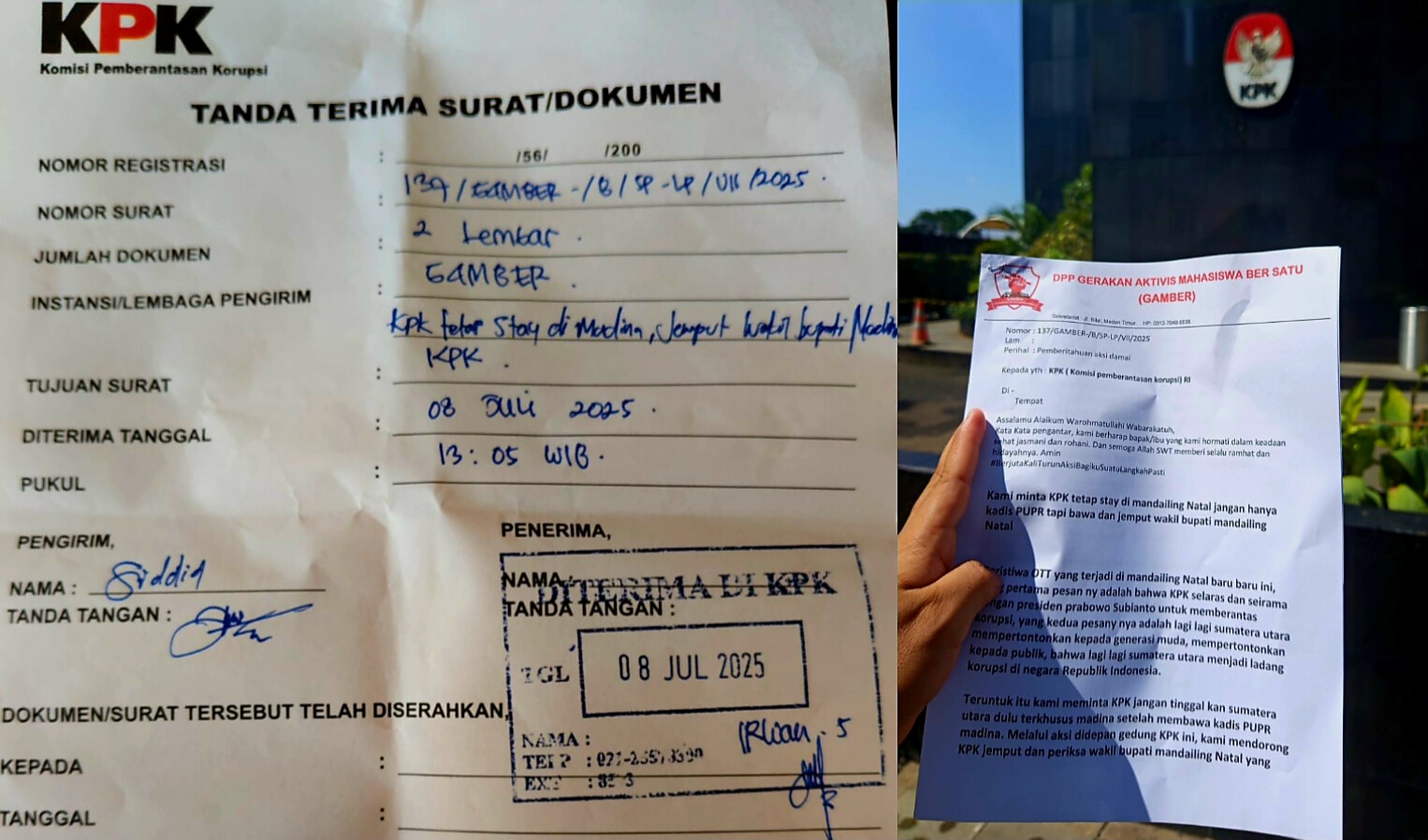 Kolase foto surat pemberitahuan aksi dan tanda terima surat masuk oleh DPP GAMBER ke KPK (Istimewa)