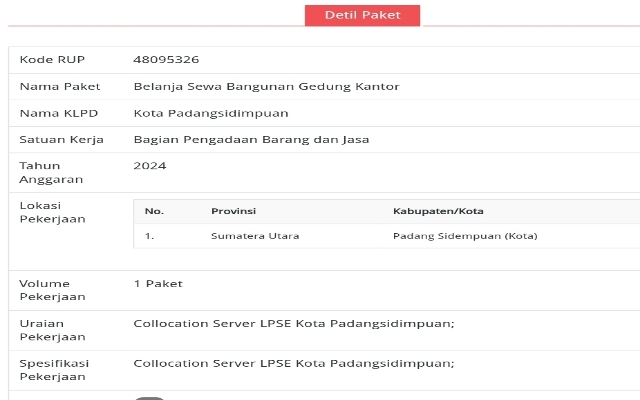 Keterangan Foto: Tangkapam Layar RUP anggaran sewa gedung kantor Tahun 2024  di PBJ Pemko Padangsidimpuan