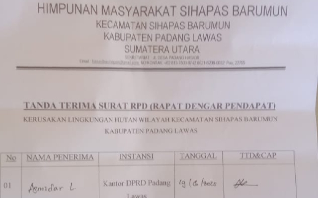 Keterangan Foto: Tangkapan Layar Surat permohonan Rapat Dengar Pendapat Masyarakat Kecamatan Sihapas Padang Lawas