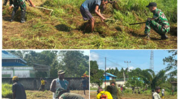 Semarak HUT RI ke-81, Satgas Yonif 643/Wns dan Warga Perbatasan Papua Gotong Royong Bersihkan Lapangan