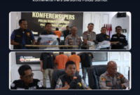 olres Tapanuli Selatan bersama Polda Sumatera Utara menggelar konferensi pers ungkap kasus dengan mengamankan dua tersangka beserta barang bukti senjata tajam, di Mapolres Tapanuli Selatan, Sipirok, Kamis (27/8/2026). (istimewa)