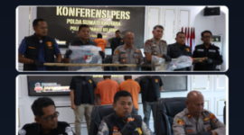 olres Tapanuli Selatan bersama Polda Sumatera Utara menggelar konferensi pers ungkap kasus dengan mengamankan dua tersangka beserta barang bukti senjata tajam, di Mapolres Tapanuli Selatan, Sipirok, Kamis (27/8/2026). (istimewa)