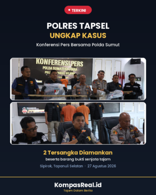 olres Tapanuli Selatan bersama Polda Sumatera Utara menggelar konferensi pers ungkap kasus dengan mengamankan dua tersangka beserta barang bukti senjata tajam, di Mapolres Tapanuli Selatan, Sipirok, Kamis (27/8/2026). (istimewa)