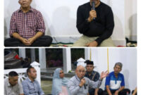 Bupati Mandailing Natal H. Saipullah Nasution (kanan atas) didampingi mantan Bupati Madina periode 2015-2020 Dahlan Hasan Nasution memberikan sambutan saat bersilaturahmi dengan masyarakat Natal di penginapan Melati Syariah, Minggu (6/9/2026). Tampak warga duduk lesehan menyimak penyampaian dari kedua tokoh tersebut. (Istimewa)