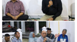 Bupati Mandailing Natal H. Saipullah Nasution (kanan atas) didampingi mantan Bupati Madina periode 2015-2020 Dahlan Hasan Nasution memberikan sambutan saat bersilaturahmi dengan masyarakat Natal di penginapan Melati Syariah, Minggu (6/9/2026). Tampak warga duduk lesehan menyimak penyampaian dari kedua tokoh tersebut. (Istimewa)