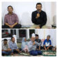 Bupati Mandailing Natal H. Saipullah Nasution (kanan atas) didampingi mantan Bupati Madina periode 2015-2020 Dahlan Hasan Nasution memberikan sambutan saat bersilaturahmi dengan masyarakat Natal di penginapan Melati Syariah, Minggu (6/9/2026). Tampak warga duduk lesehan menyimak penyampaian dari kedua tokoh tersebut. (Istimewa)