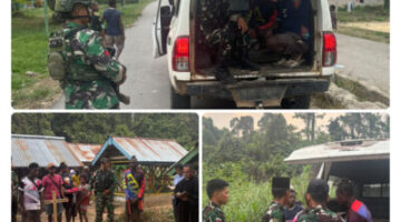 Prajurit Satgas Pamtas Yonif 147/KGJ membantu kelancaran prosesi pemakaman warga di Distrik Yamor, Papua Barat Daya. (Pen Satgas Pamtas RI-PNG Yonif 147/KGJ)